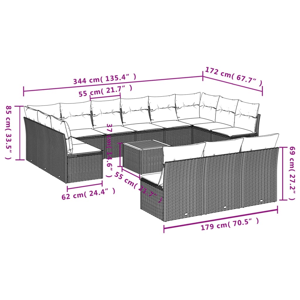 14-Delige Loungeset Met Kussens Poly Rattan Beige