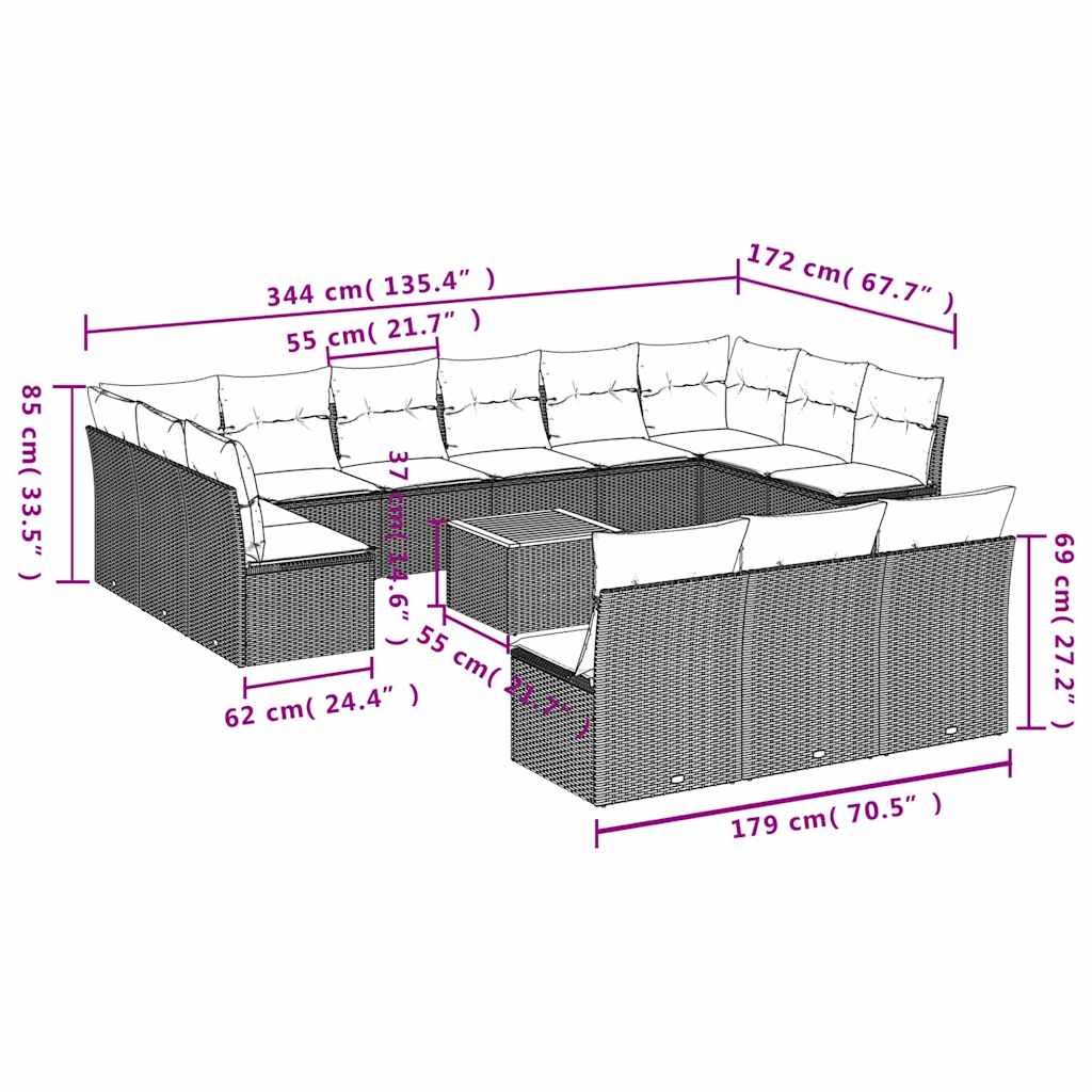 14-Delige Loungeset Met Kussens Poly Rattan