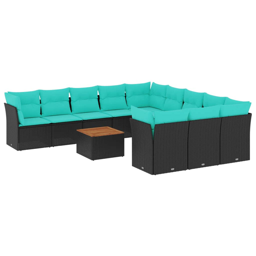 12-delige Loungeset met kussens poly rattan zwart