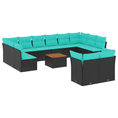 13-delige Loungeset met kussens poly rattan zwart