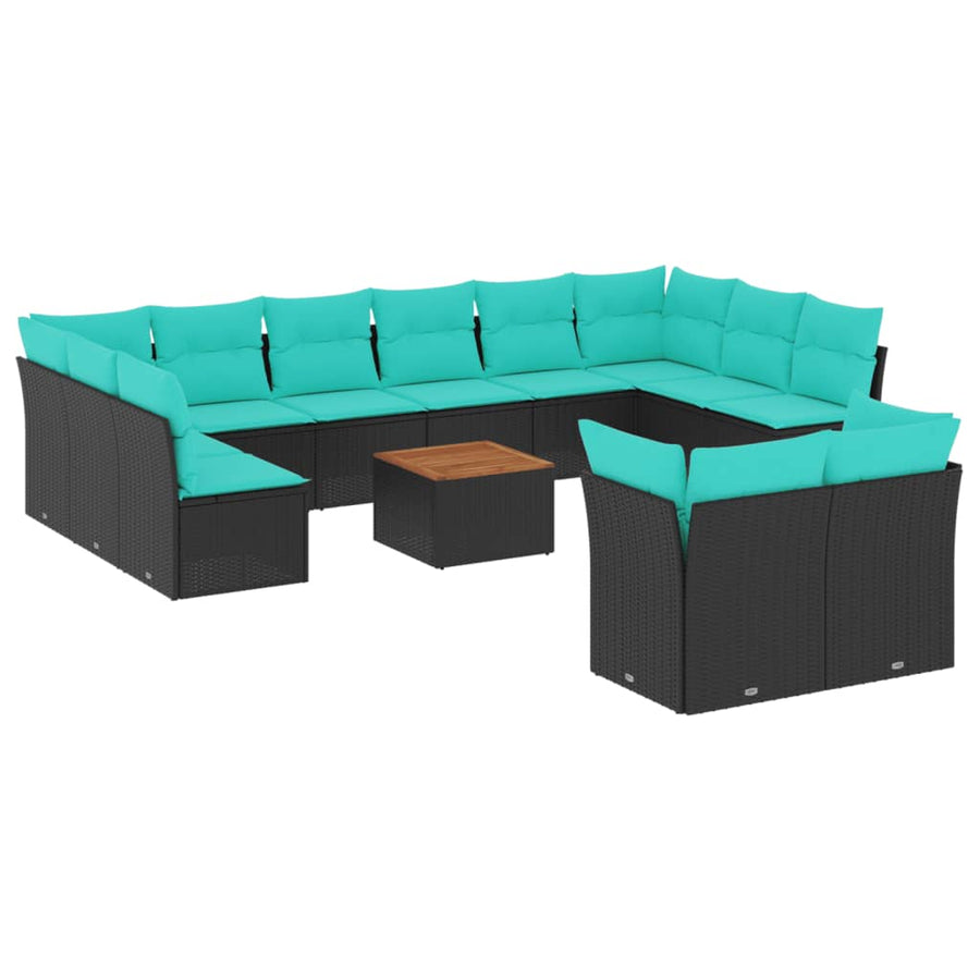 13-delige Loungeset met kussens poly rattan zwart