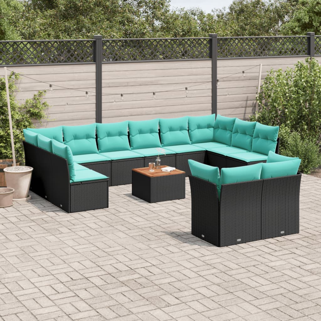 13-delige Loungeset met kussens poly rattan zwart