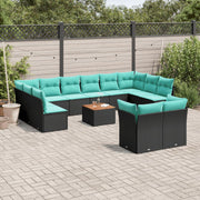 Loungeset poly rattan 13-delig zwart met kussens