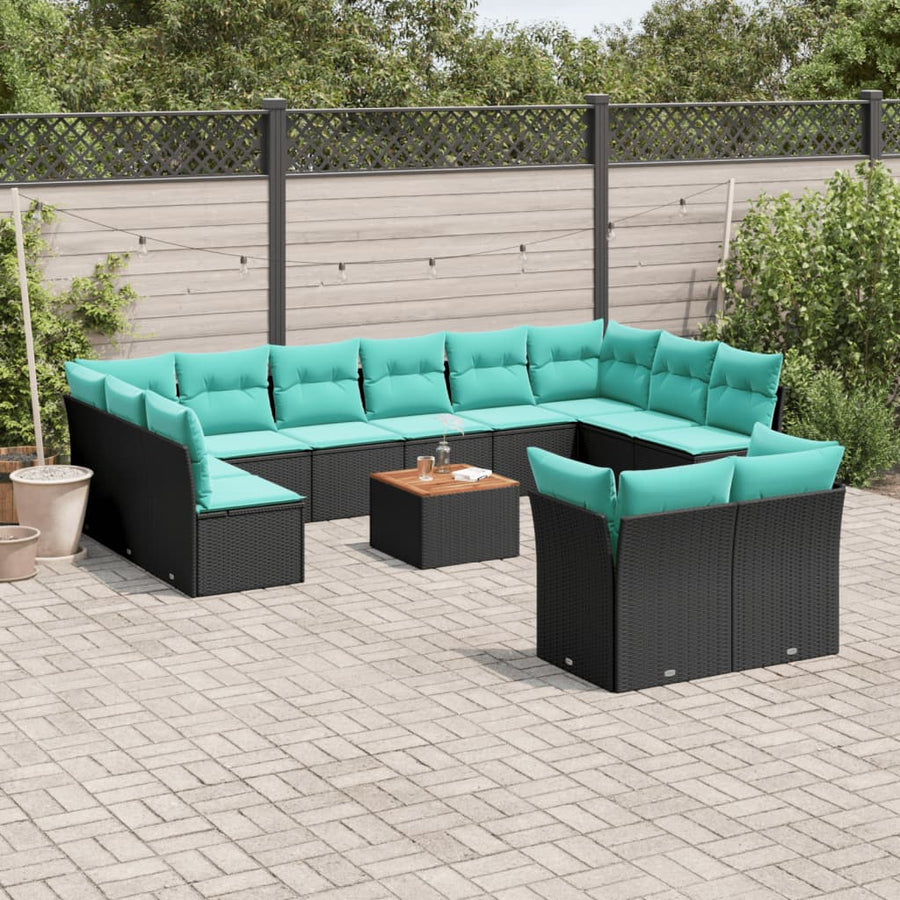 13-delige Loungeset met kussens poly rattan zwart