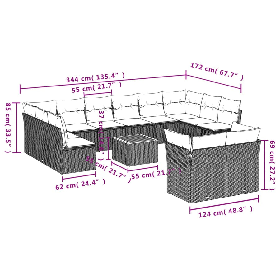 13-Delige Loungeset Met Kussens Poly Rattan Beige
