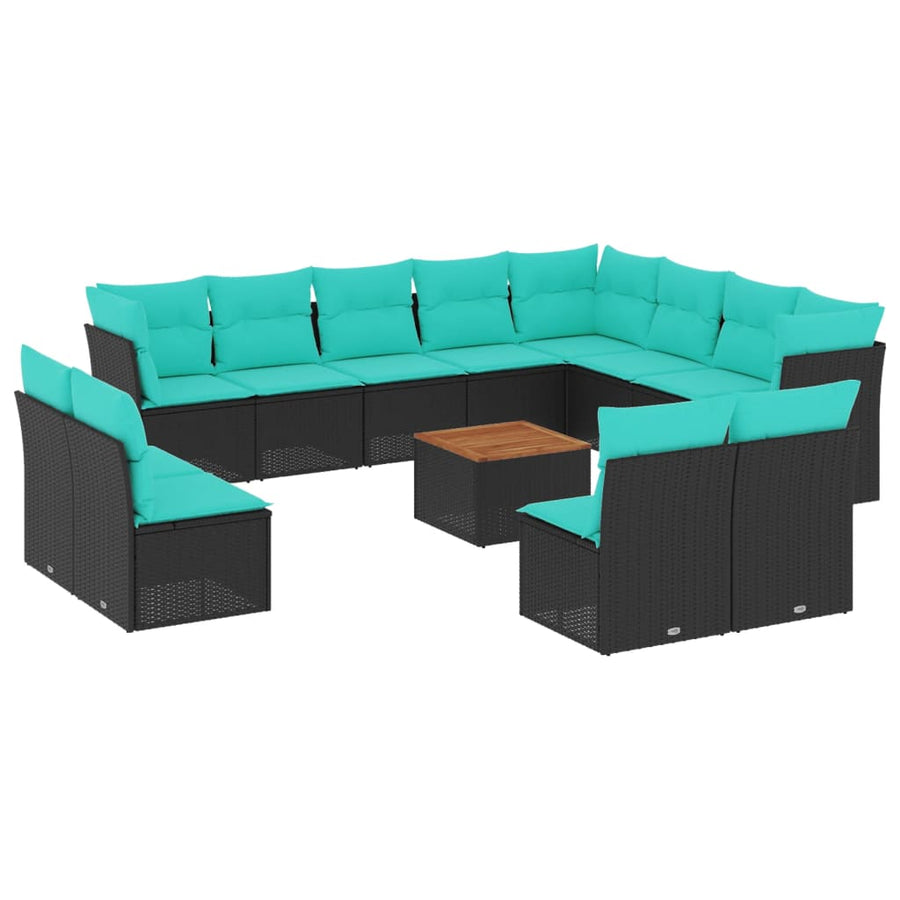13-delige Loungeset met kussens poly rattan zwart