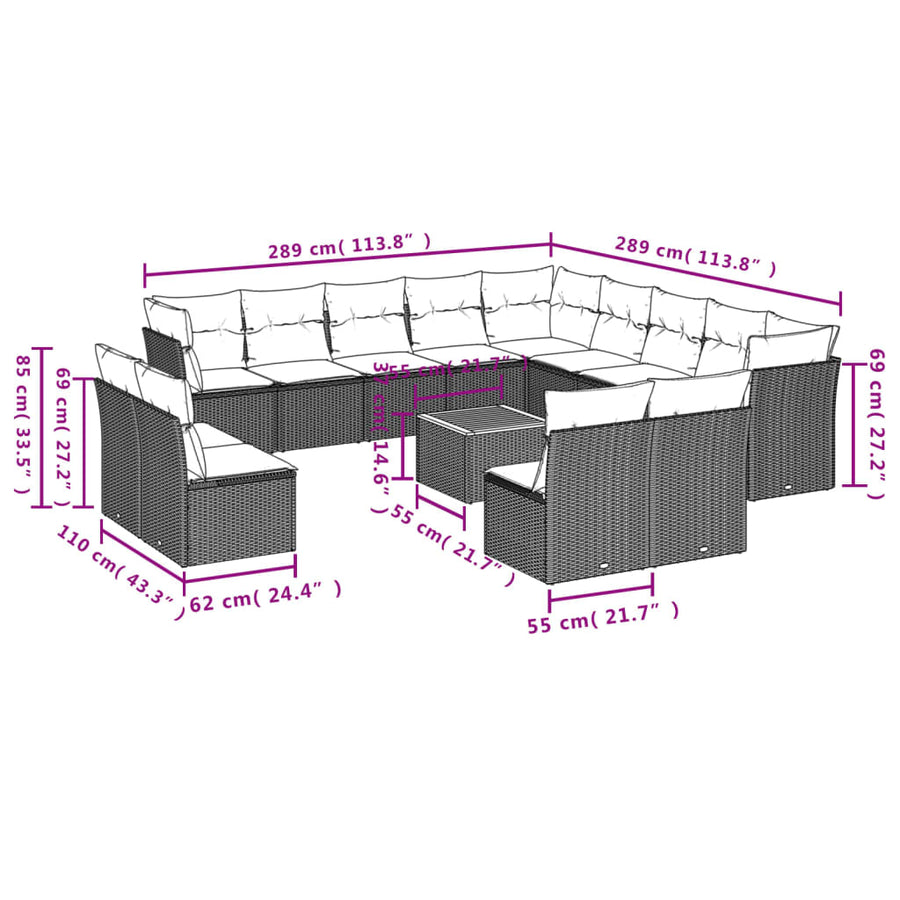 14-delige Loungeset met kussens poly rattan zwart