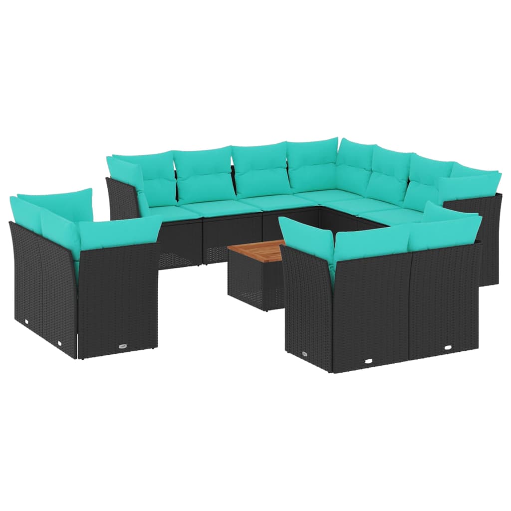 12-delige Loungeset met kussens poly rattan zwart