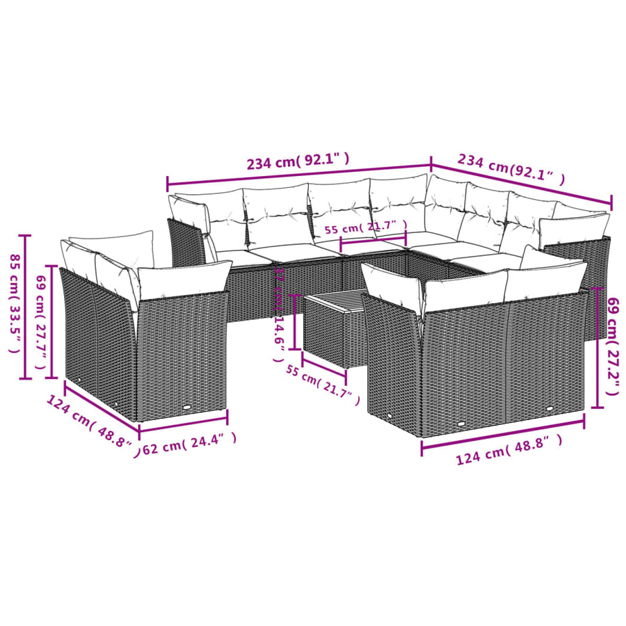 12-Delige Loungeset Met Kussens Poly Rattan Gemengd Beige