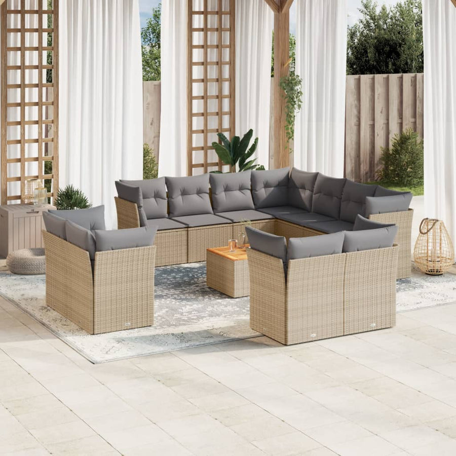 12-Delige Loungeset Met Kussens Poly Rattan Gemengd Beige