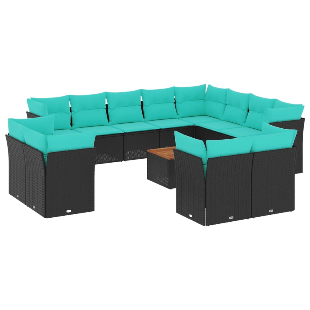 13-delige Loungeset met kussens poly rattan zwart