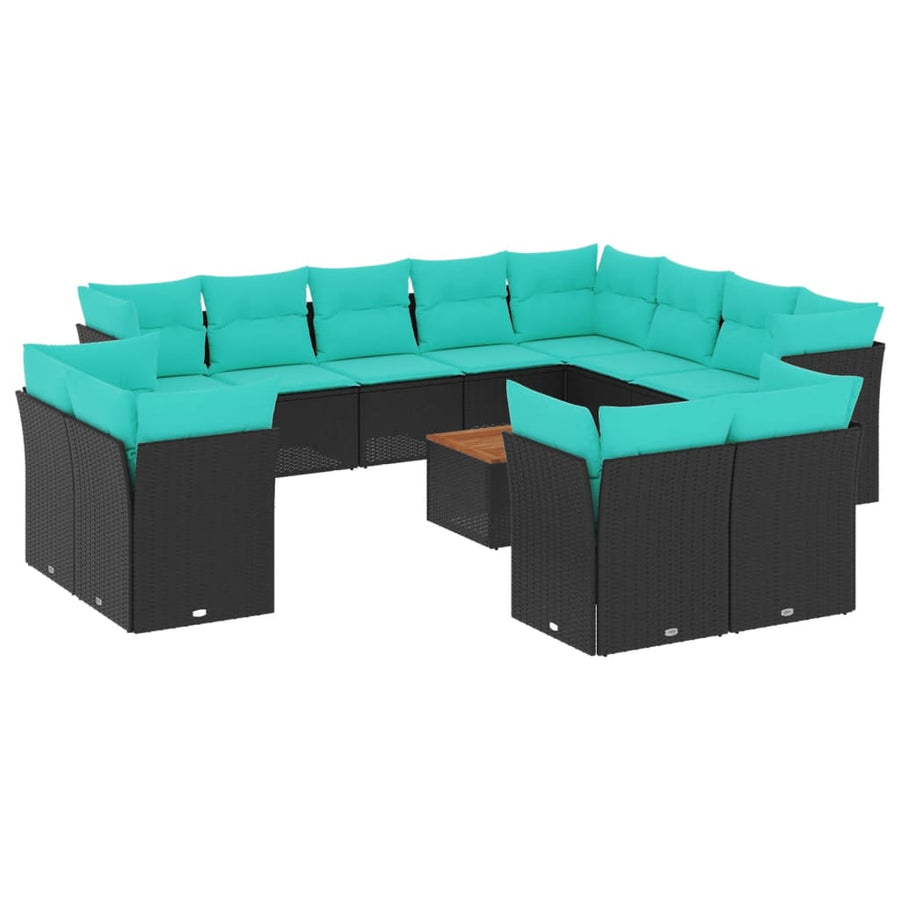 13-delige Loungeset met kussens poly rattan zwart