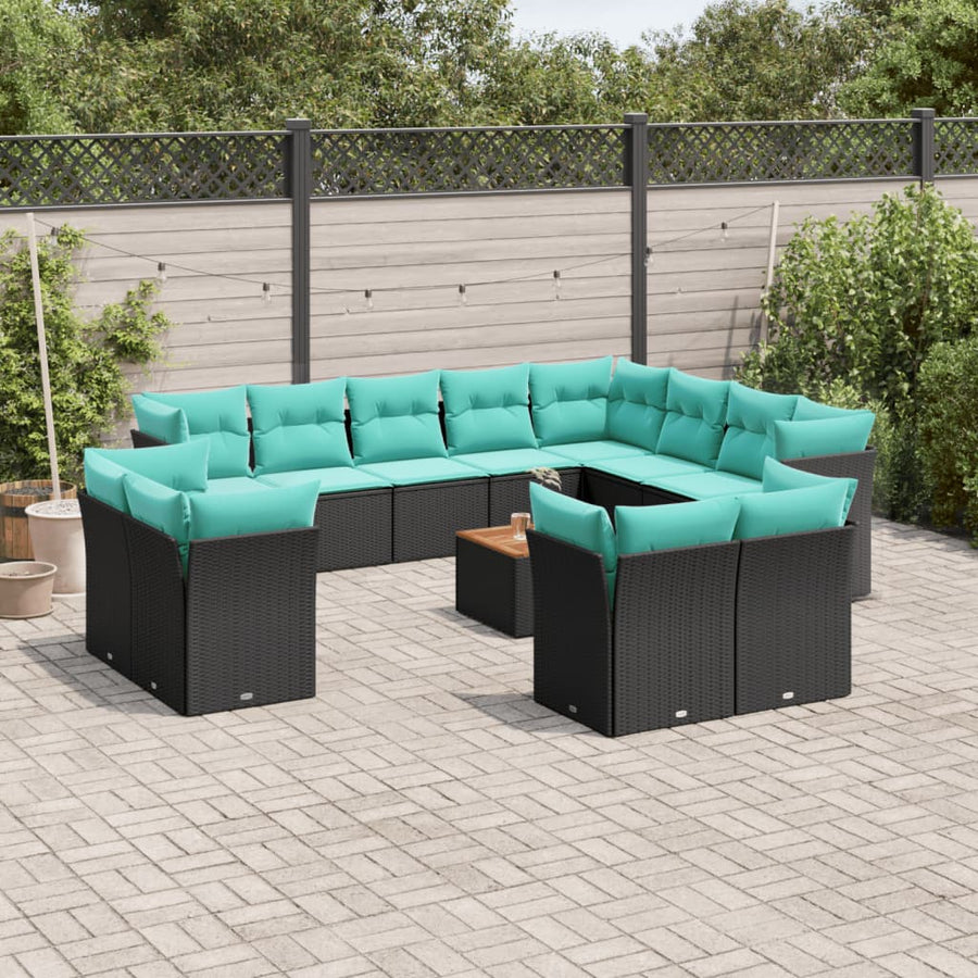 13-delige Loungeset met kussens poly rattan zwart