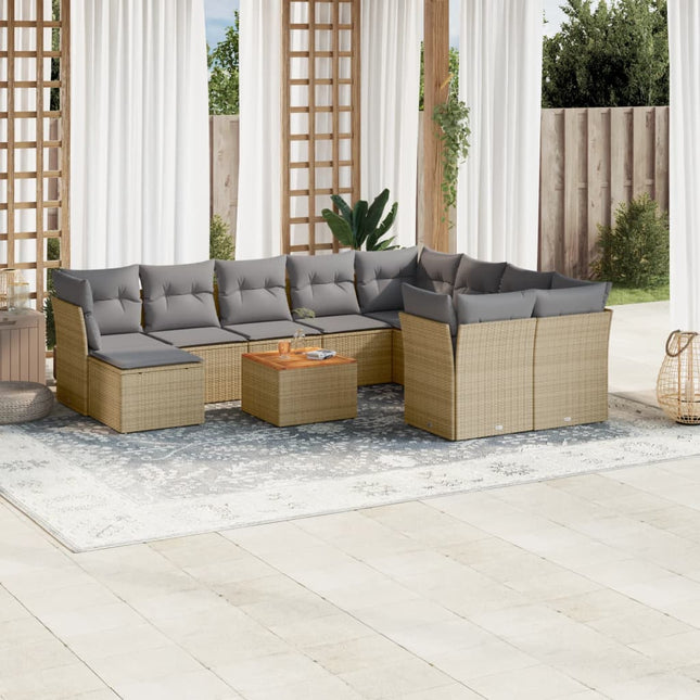 11-Delige Loungeset Met Kussens Poly Rattan Gemengd Beige