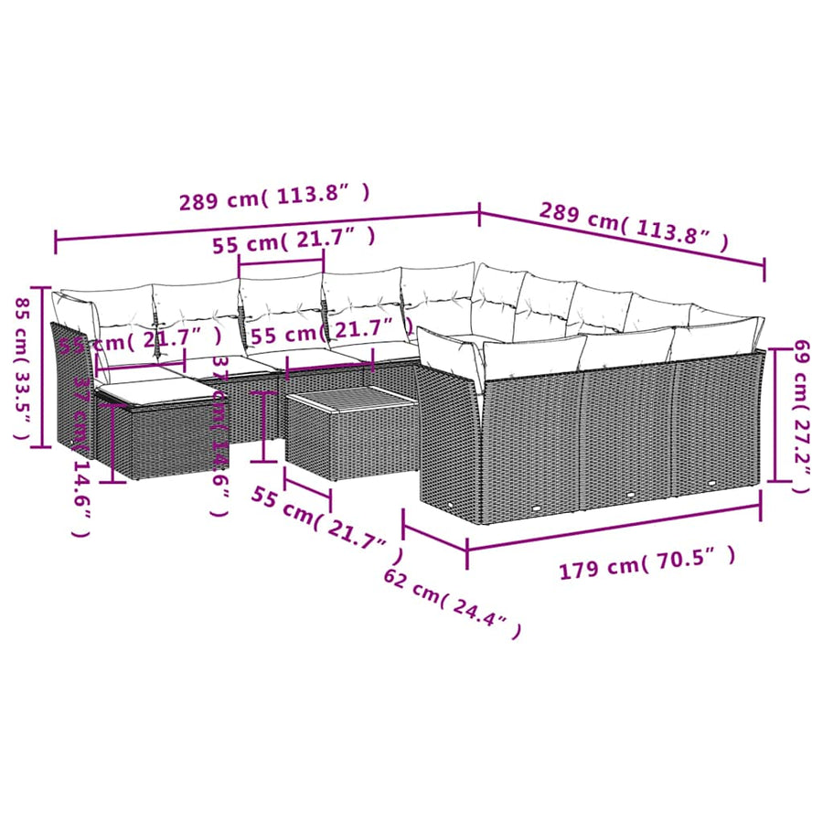 13-delige tuinbankset met kussens, grijs polyrotan