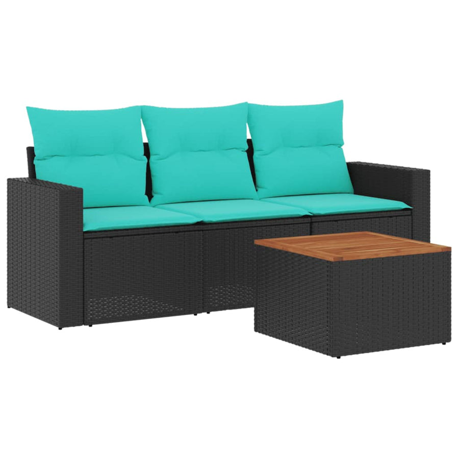 4-delige Loungeset met kussens poly rattan zwart