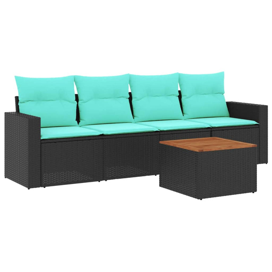 5-delige Loungeset met kussens poly rattan zwart