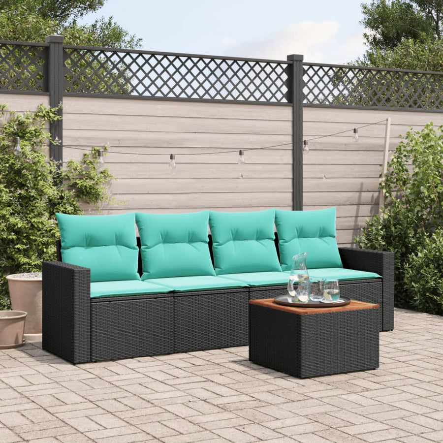 5-delige Loungeset met kussens poly rattan zwart