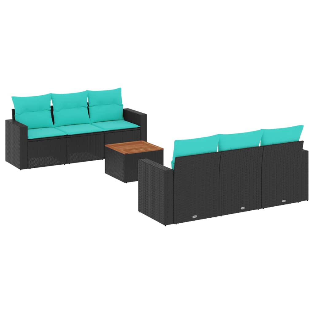 7-delige Loungeset met kussens poly rattan zwart