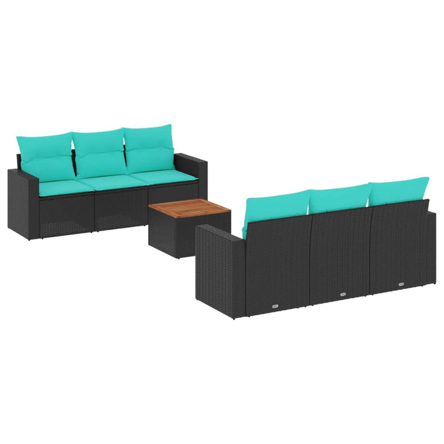 7-delige Loungeset met kussens poly rattan zwart