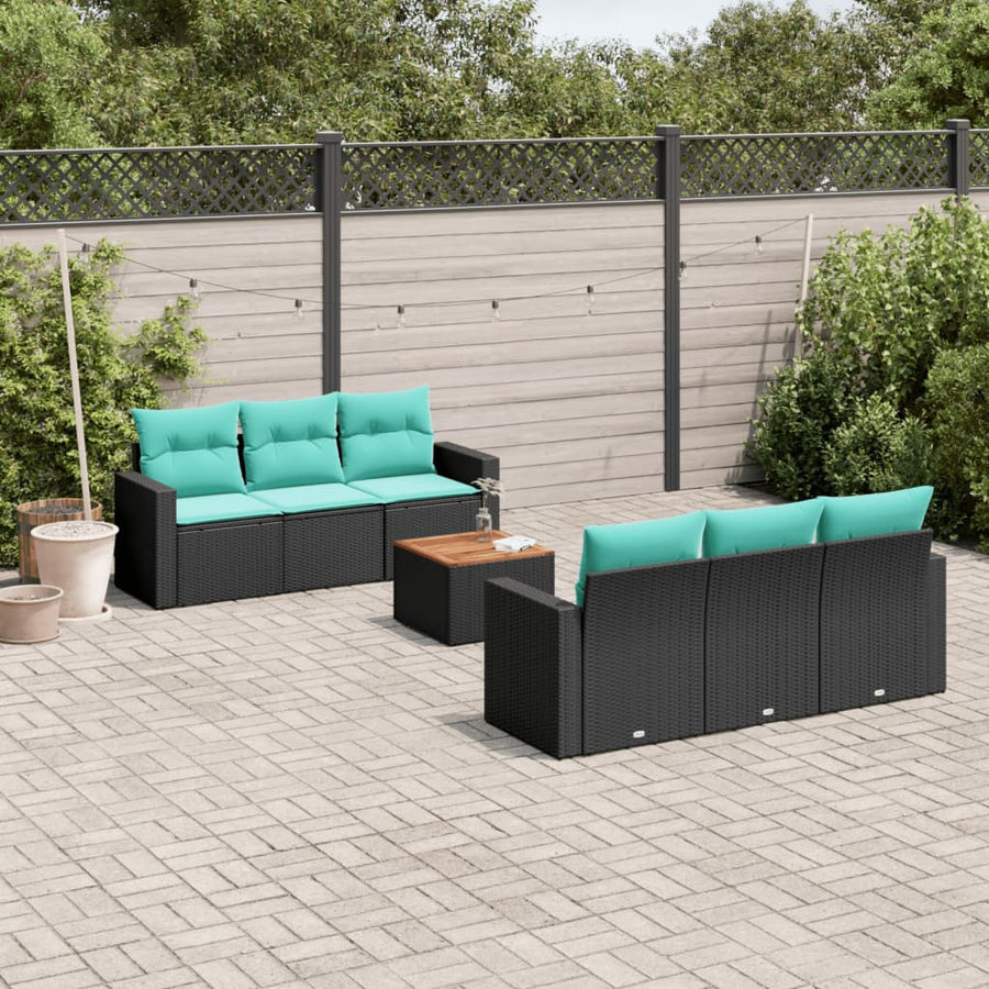 7-delige Loungeset met kussens poly rattan zwart