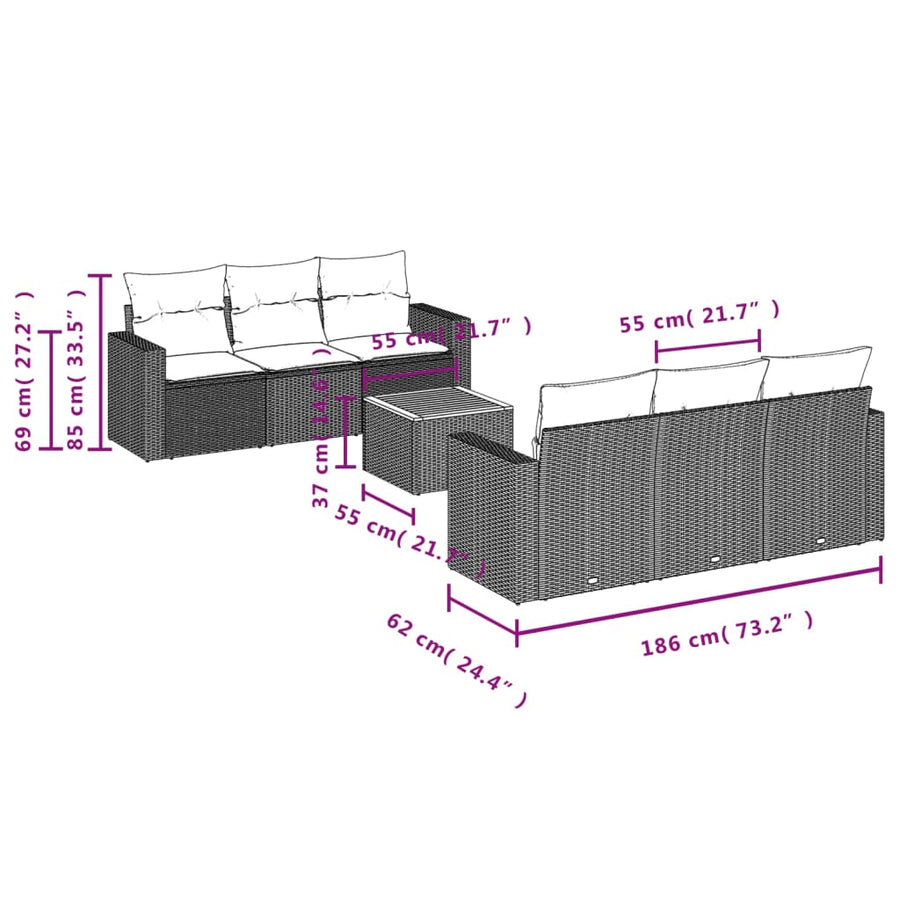 7-Delige Loungeset Met Kussens Poly Rattan Grijs