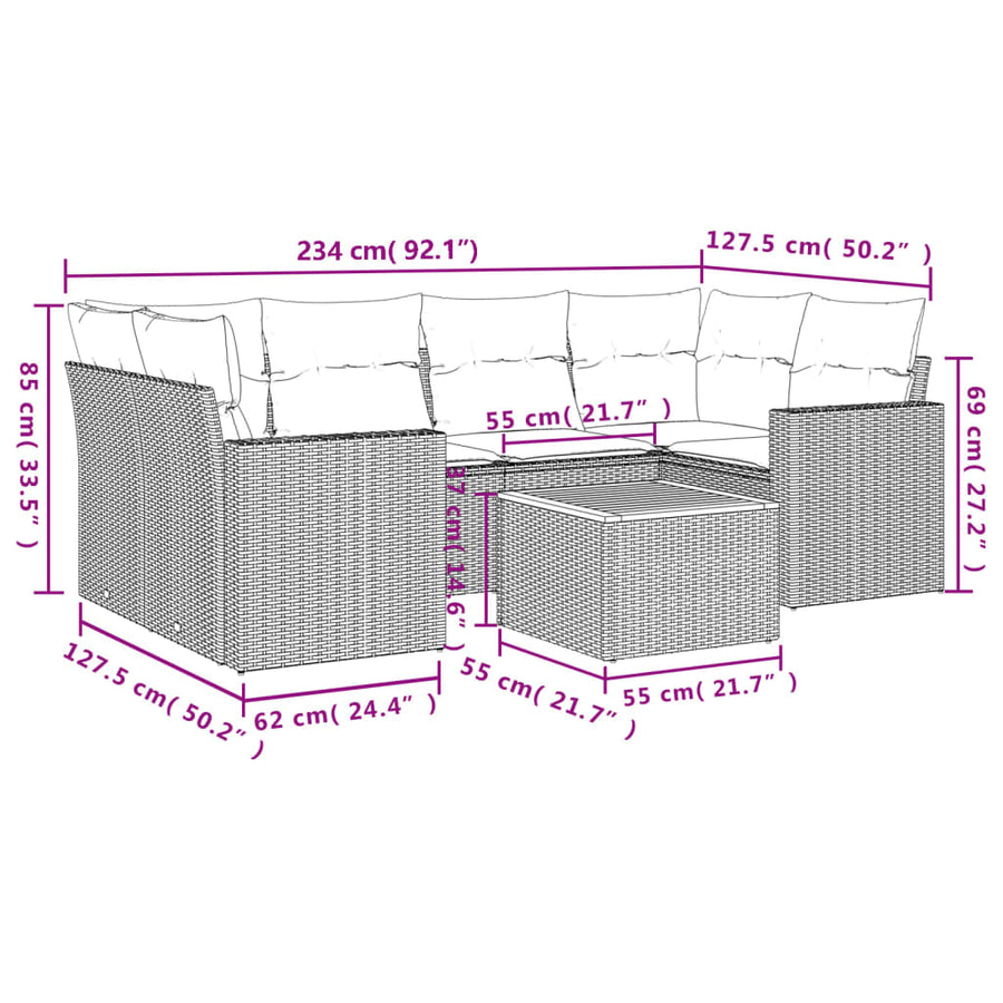 7-delige Loungeset met kussens poly rattan zwart