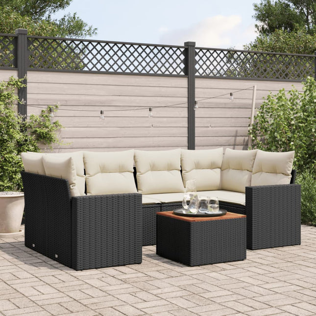 7-delige Loungeset met kussens poly rattan zwart