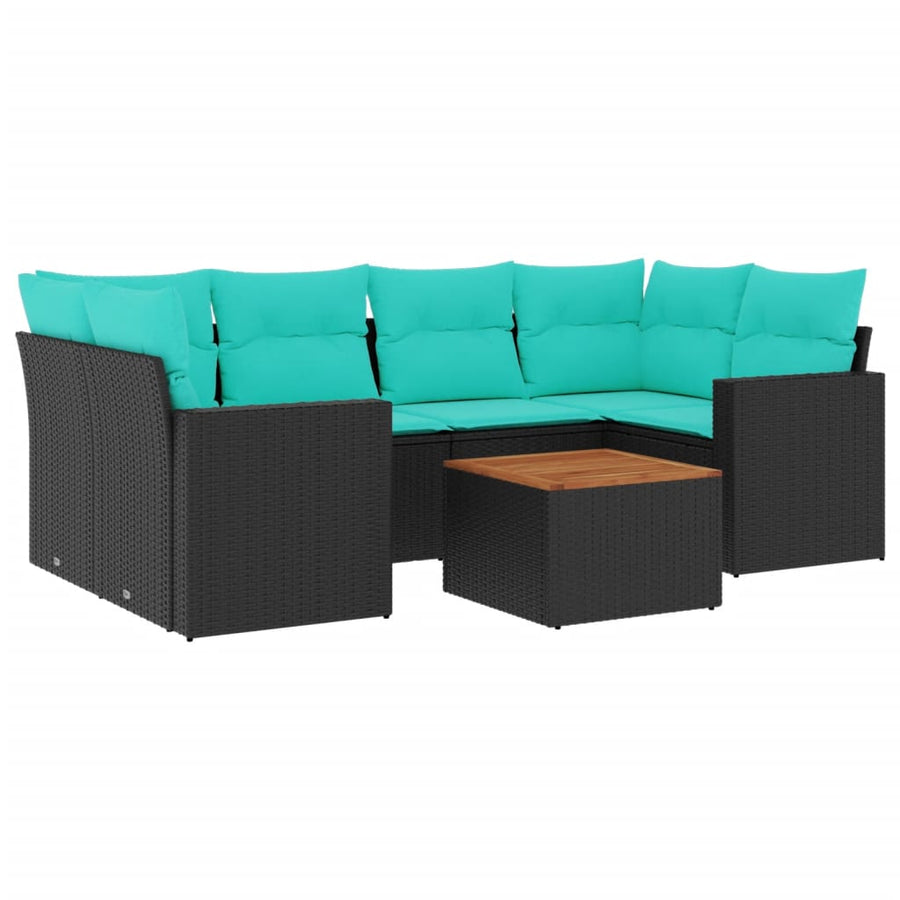 7-delige Loungeset met kussens poly rattan zwart