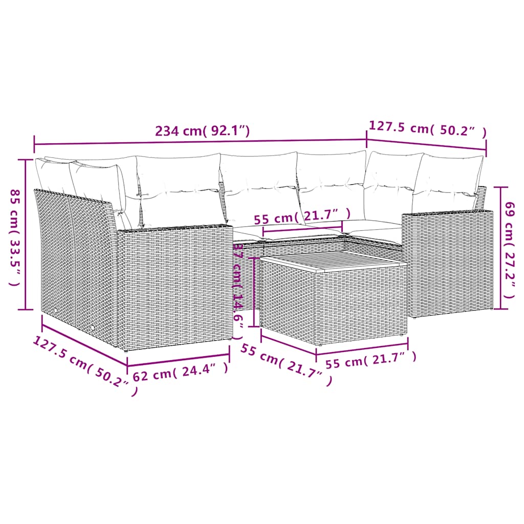 7-delige Loungeset met kussens poly rattan zwart
