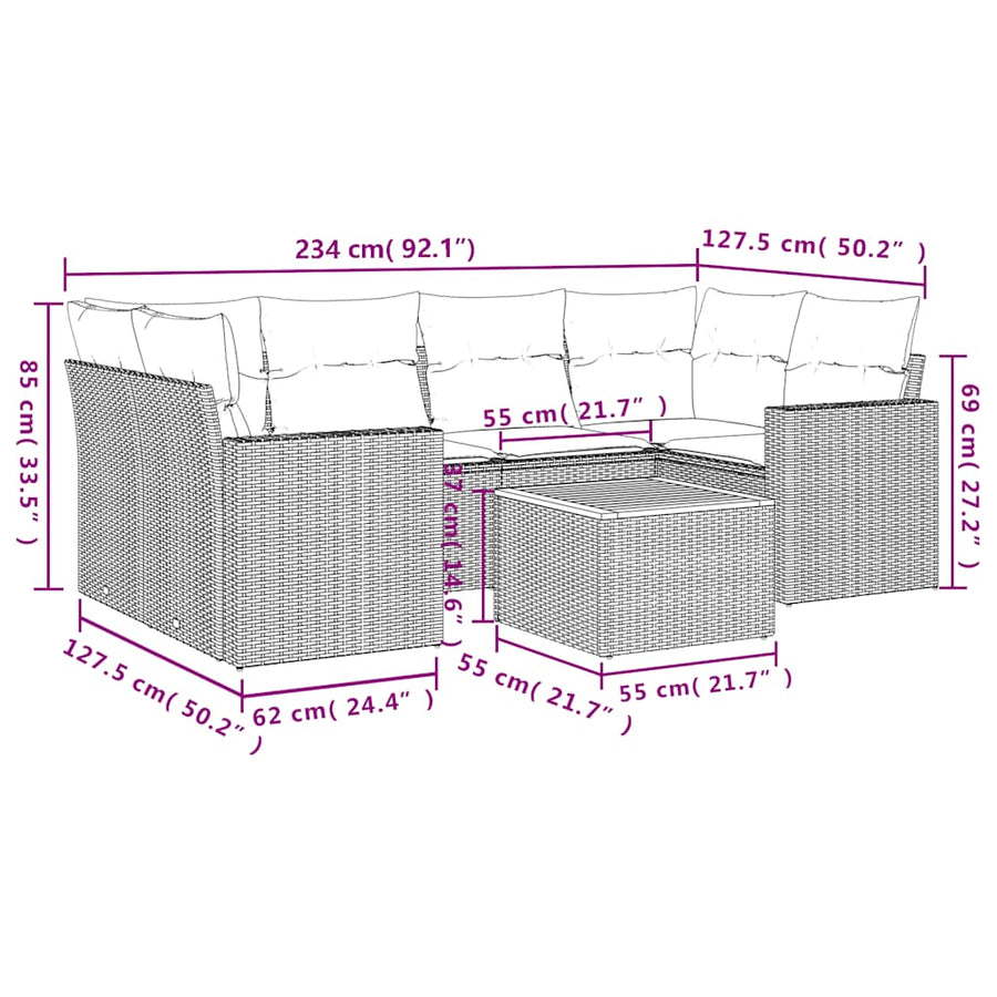 7-delige Loungeset met kussens poly rattan zwart