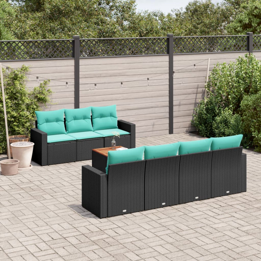 8-delige Loungeset met kussens poly rattan zwart