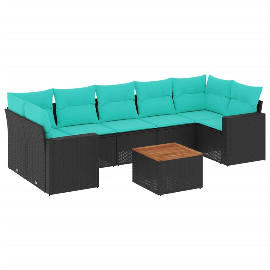 8-delige Loungeset met kussens poly rattan zwart