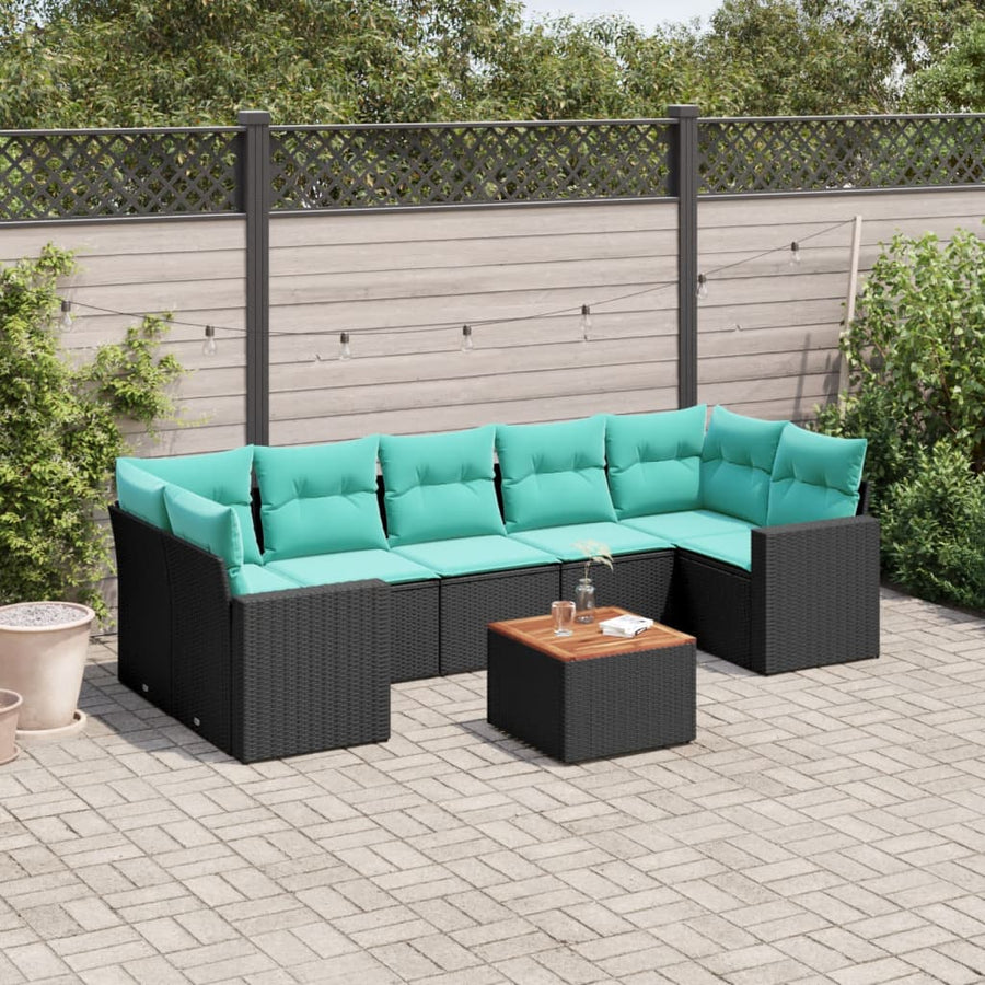 8-delige Loungeset met kussens poly rattan zwart