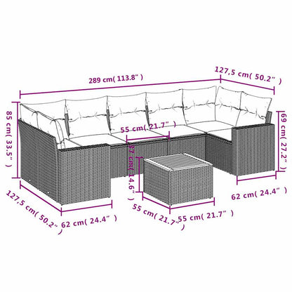 8-delige Loungeset met kussens poly rattan grijs