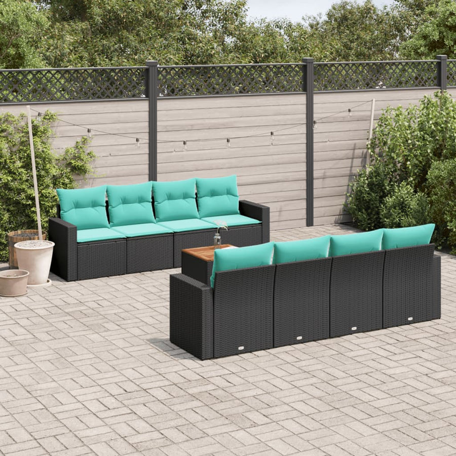 9-delige Loungeset met kussens poly rattan zwart