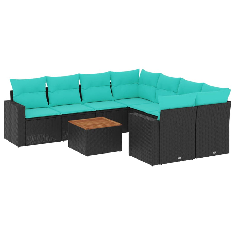 9-delige Loungeset met kussens poly rattan zwart