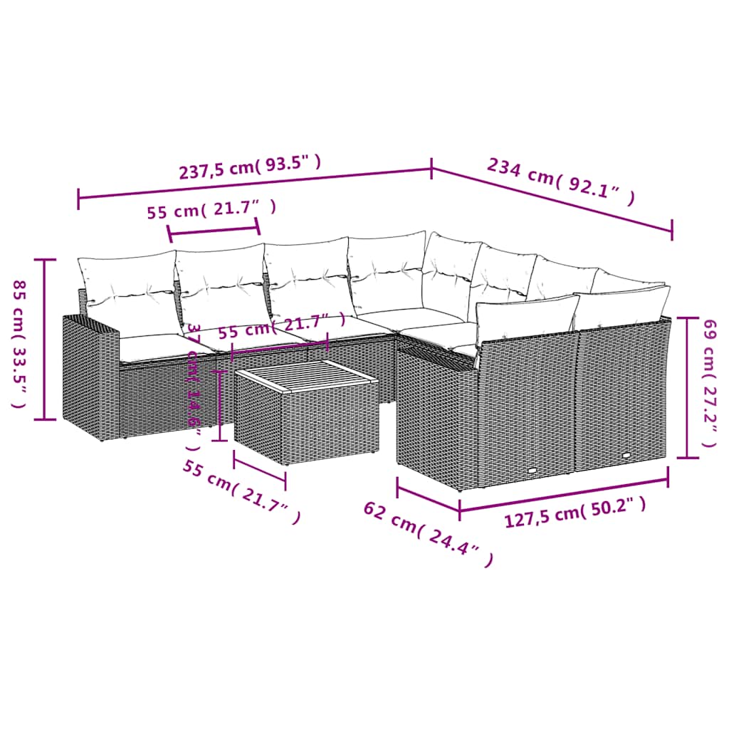 9-delige Loungeset met kussens poly rattan zwart
