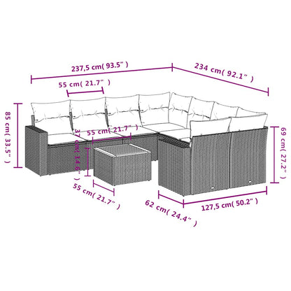 9-delige Loungeset met kussens poly rattan zwart