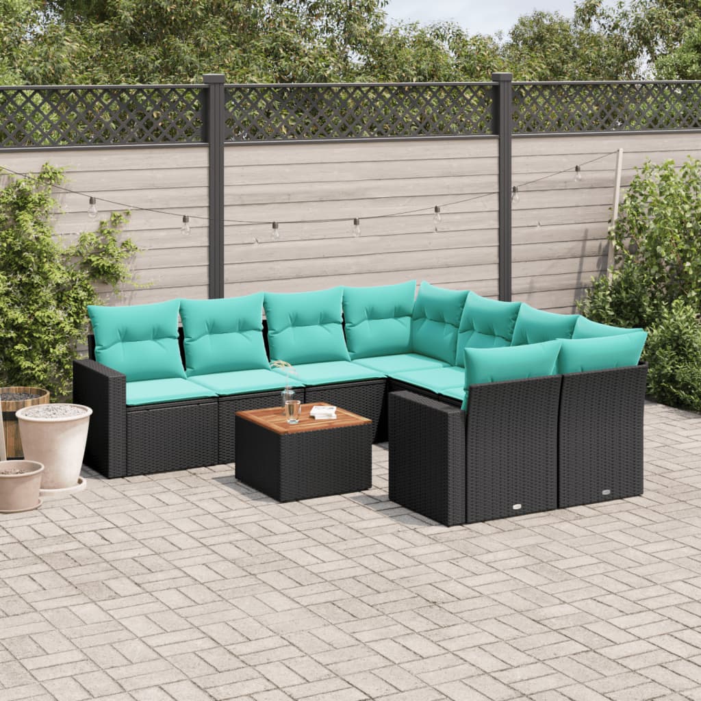 9-delige Loungeset met kussens poly rattan zwart