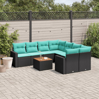 9-delige Loungeset met kussens poly rattan zwart
