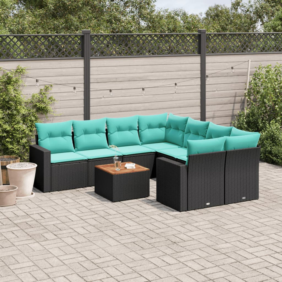 9-delige Loungeset met kussens poly rattan zwart