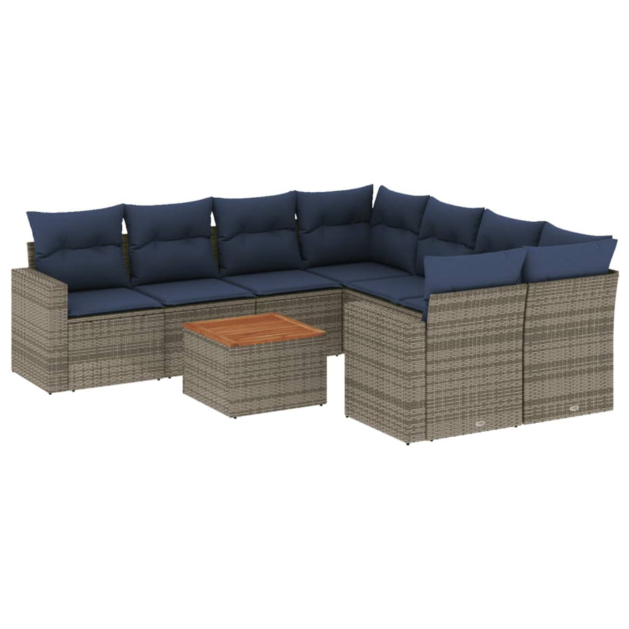 9-delige Loungeset met kussens poly rattan grijs