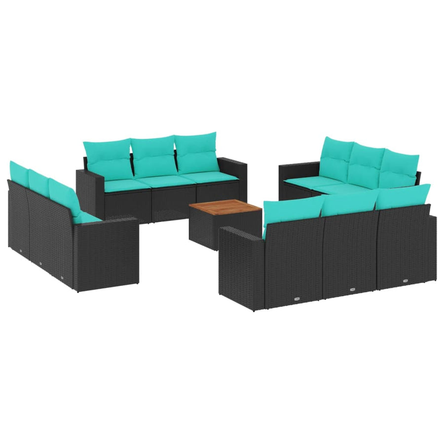13-delige Loungeset met kussens poly rattan zwart