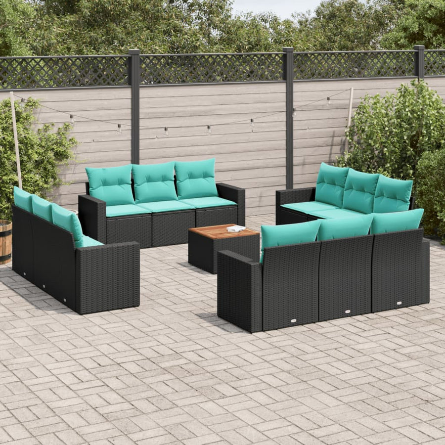 13-delige Loungeset met kussens poly rattan zwart