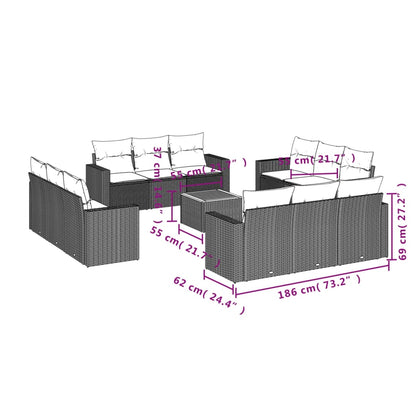 13-delige Loungeset met kussens poly rattan grijs