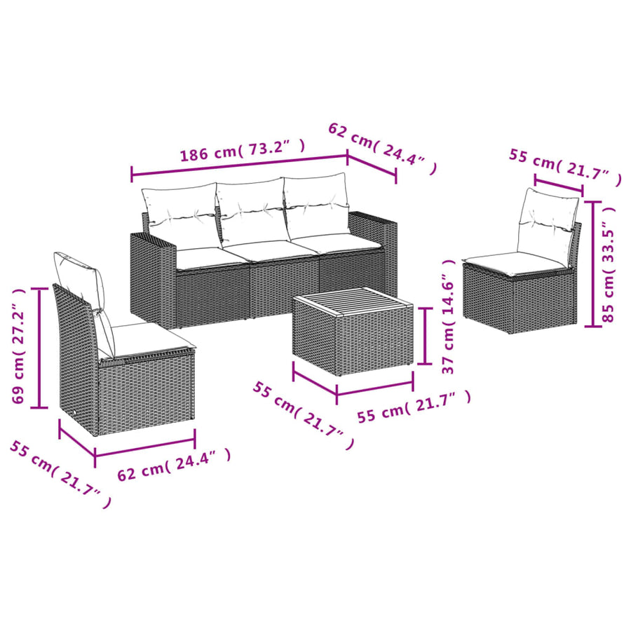 6-Delige Loungeset Met Kussens Poly Rattan Zwart