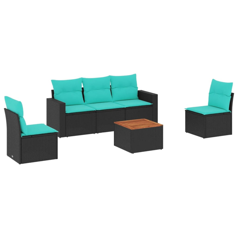 6-delige Loungeset met kussens poly rattan zwart