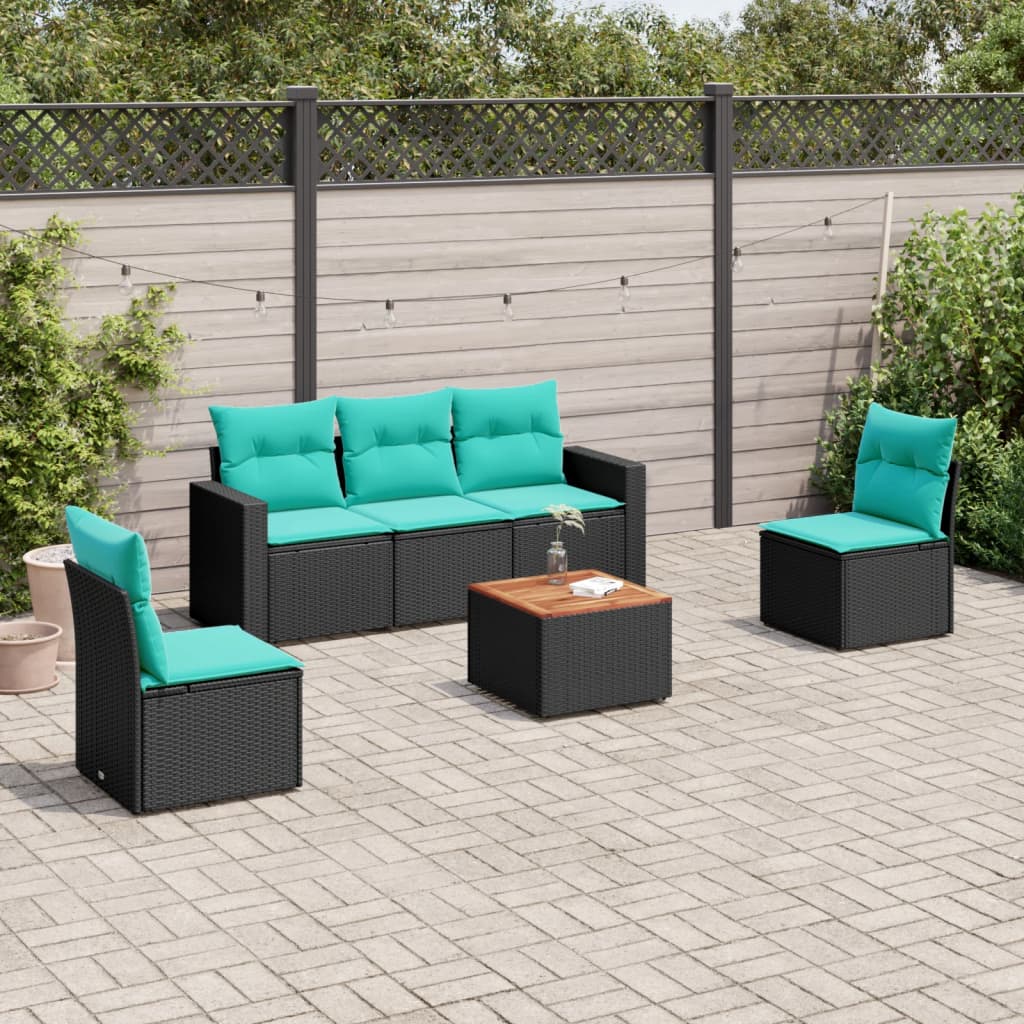 6-delige Loungeset met kussens poly rattan zwart