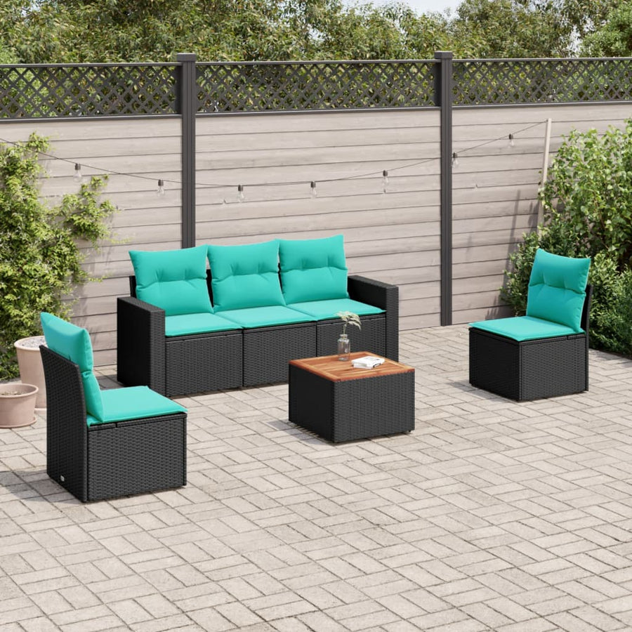 6-delige Loungeset met kussens poly rattan zwart